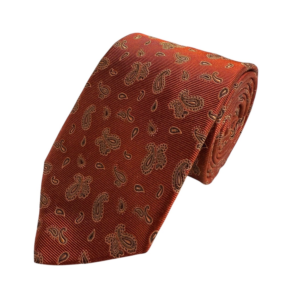 Vintage Paisley Silk Necktie Rust Brown Gold Made USA 3.75" Traditional